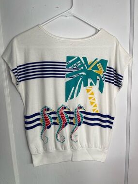 Vintage Seahorse Shirt S Jane Colby Dolman Tee Top Palm Tree Stripes Nautical